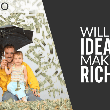 A couple and their baby sitting under an umbrella with money raining on them