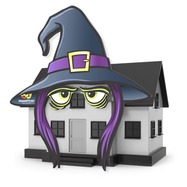 Rendering of a witch hat and eyes on a house